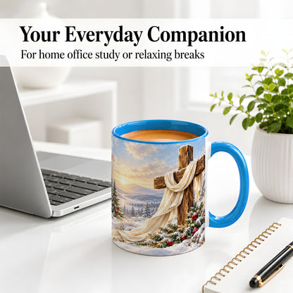 #pl[11oz|Blue] Winter Cross Accent Ceramic Mug, Snowy Mountain Sunrise