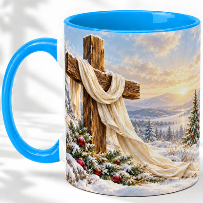 #pl[11oz|Blue] Winter Cross Accent Ceramic Mug, Snowy Mountain Sunrise