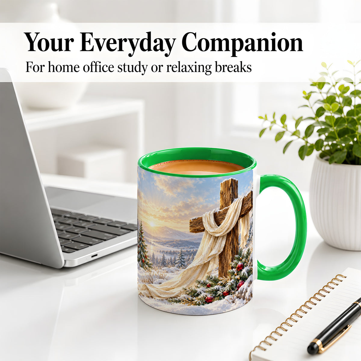 #pl[11oz|Green] Winter Cross Accent Ceramic Mug, Snowy Mountain Sunrise