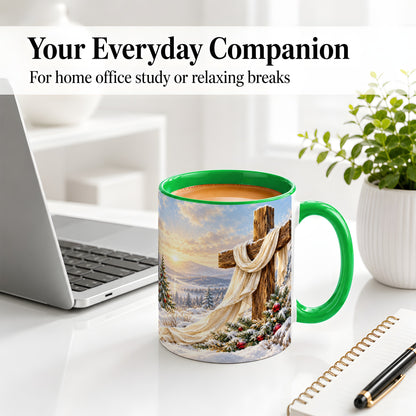 #pl[11oz|Green] Winter Cross Accent Ceramic Mug, Snowy Mountain Sunrise