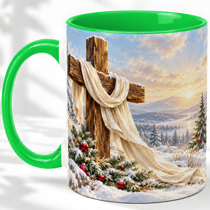 #pl[11oz|Green] Winter Cross Accent Ceramic Mug, Snowy Mountain Sunrise