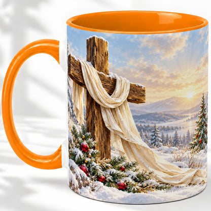 #pl[11oz|Orange] Winter Cross Accent Ceramic Mug, Snowy Mountain Sunrise