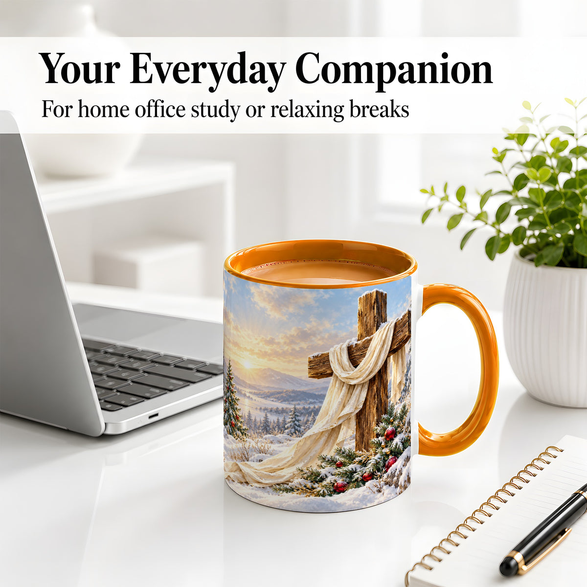#pl[11oz|Orange] Winter Cross Accent Ceramic Mug, Snowy Mountain Sunrise