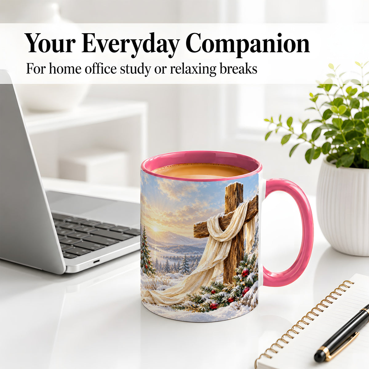 #pl[11oz|Pink] Winter Cross Accent Ceramic Mug, Snowy Mountain Sunrise
