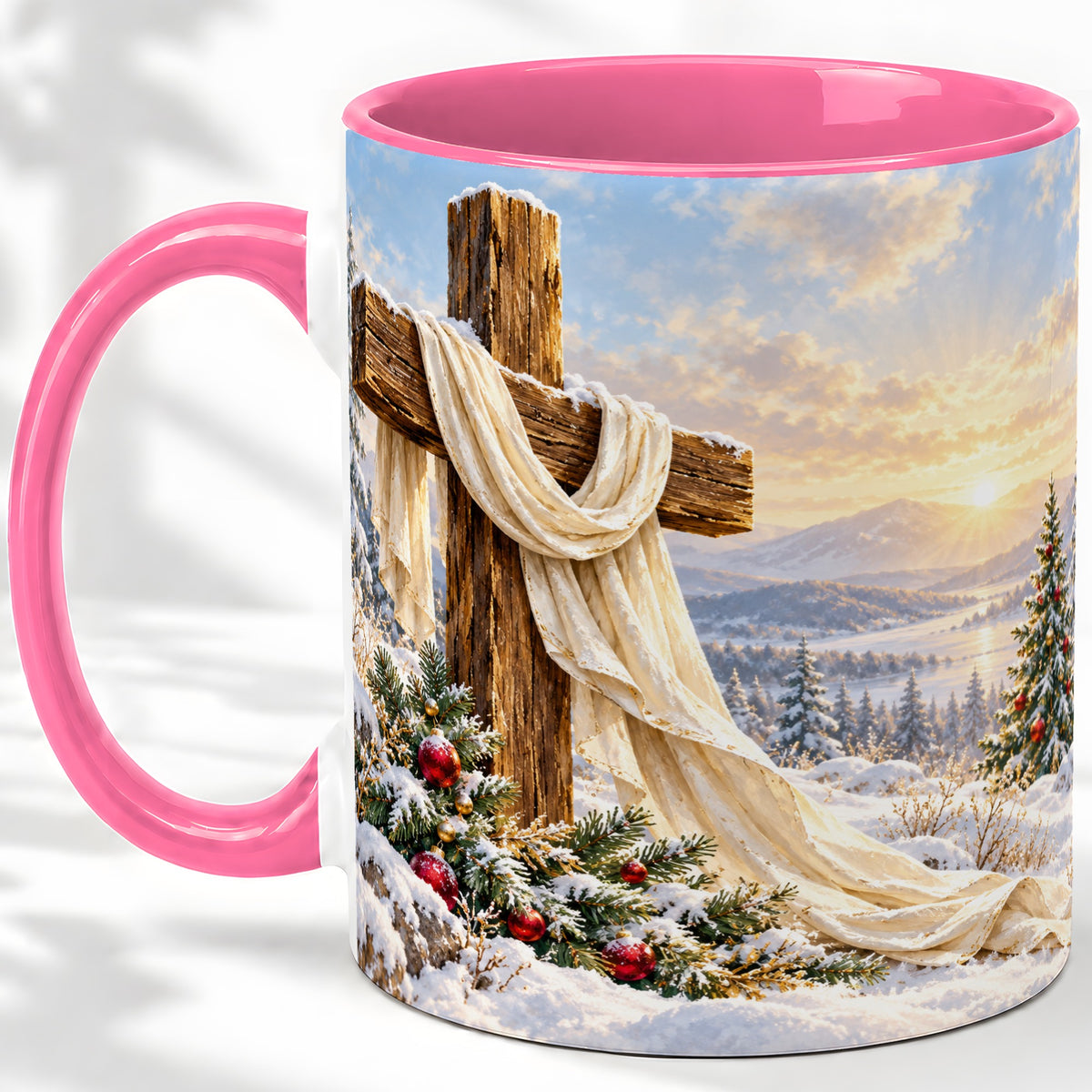 #pl[11oz|Pink] Winter Cross Accent Ceramic Mug, Snowy Mountain Sunrise