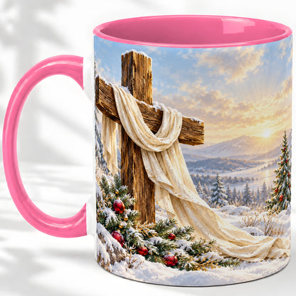 #pl[11oz|Pink] Winter Cross Accent Ceramic Mug, Snowy Mountain Sunrise