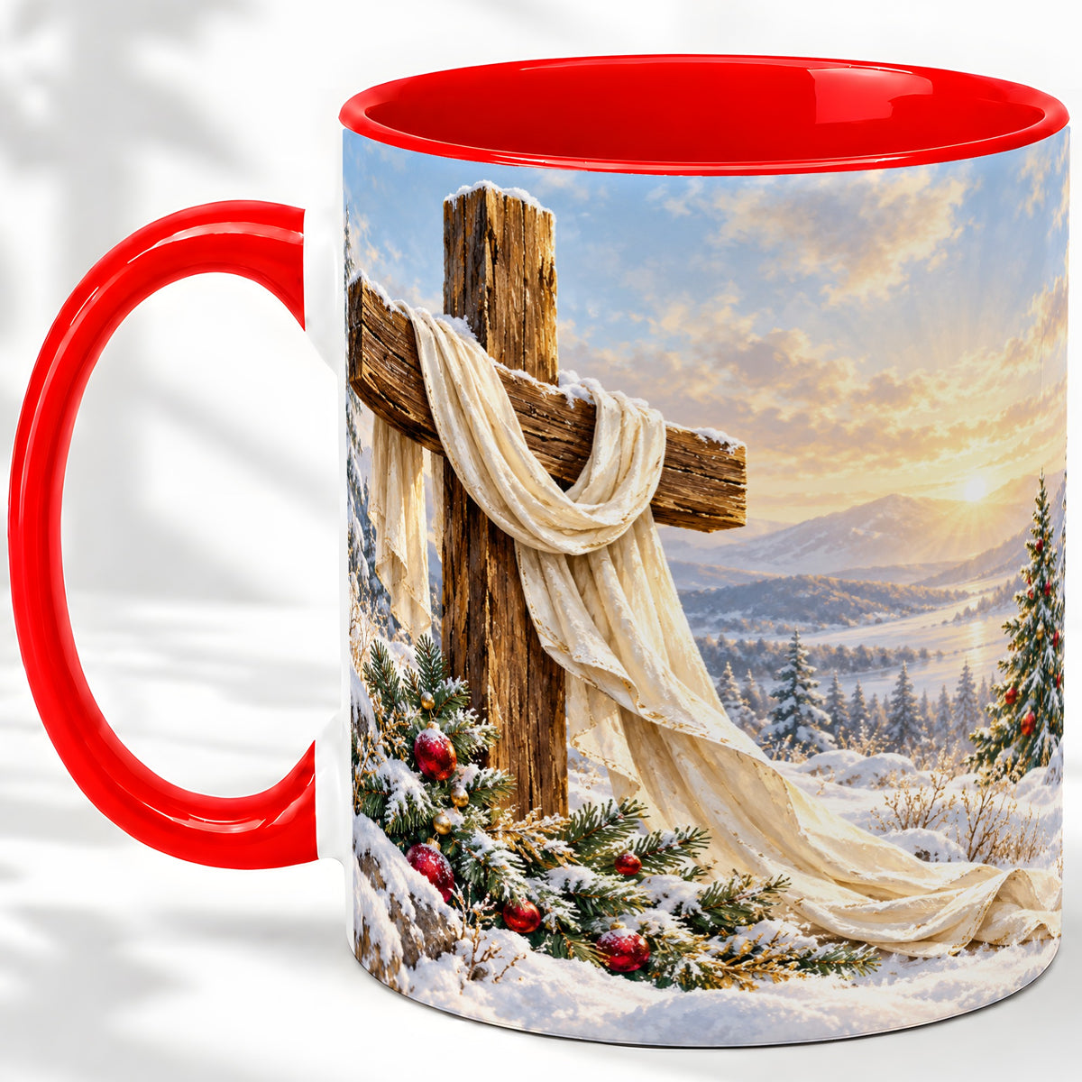 Winter Cross Accent Ceramic Mug, Snowy Mountain Sunrise