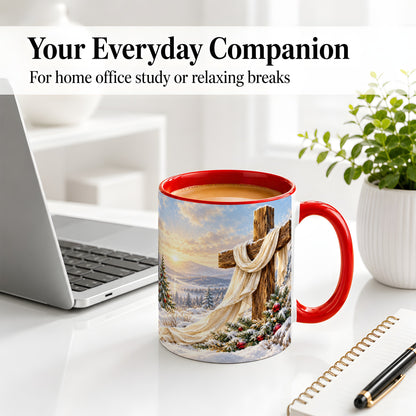 #pl[11oz|Red] Winter Cross Accent Ceramic Mug, Snowy Mountain Sunrise