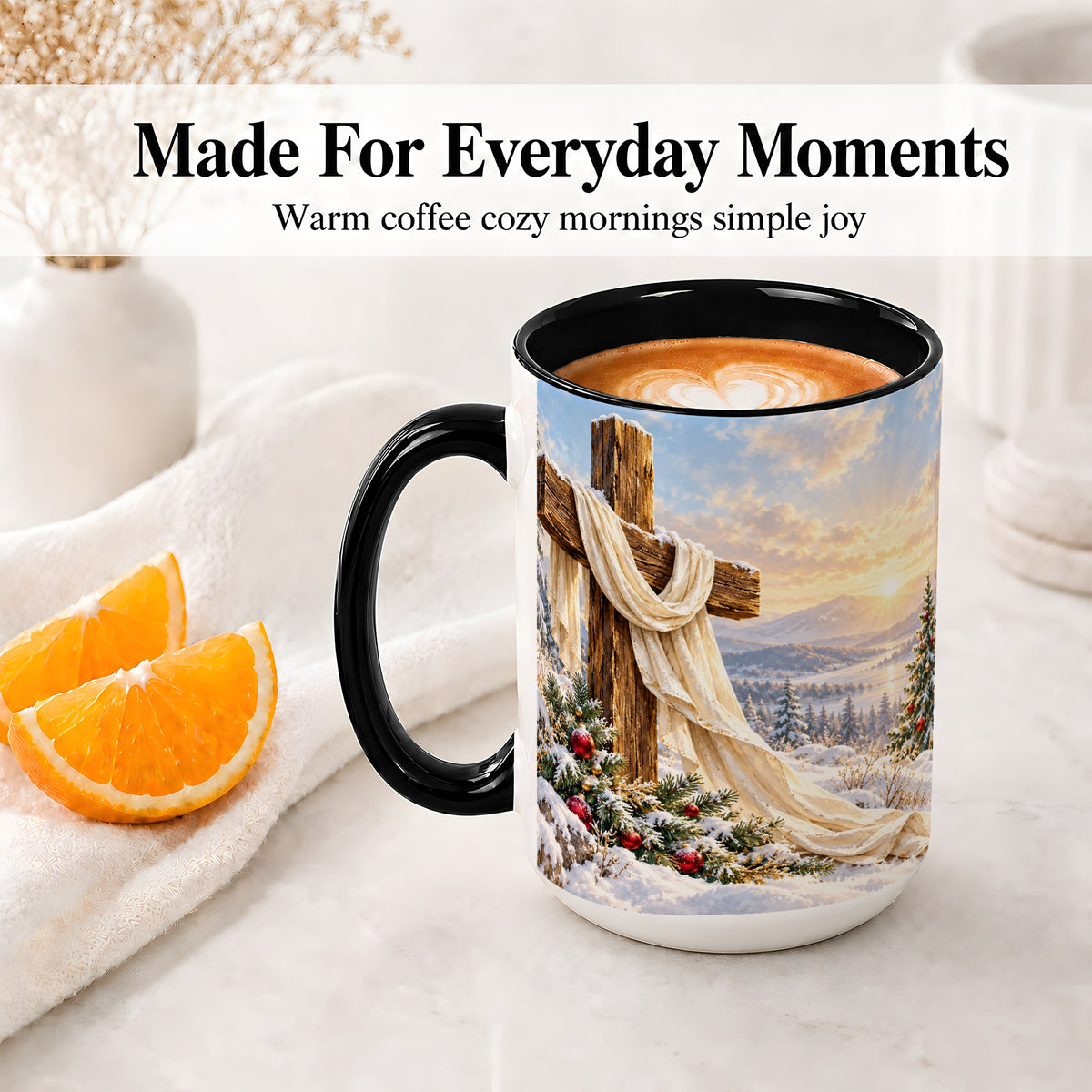 #pl[15oz|Black] Winter Cross Accent Ceramic Mug, Snowy Mountain Sunrise