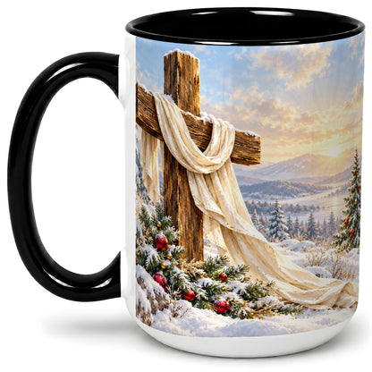 #pl[15oz|Black] Winter Cross Accent Ceramic Mug, Snowy Mountain Sunrise