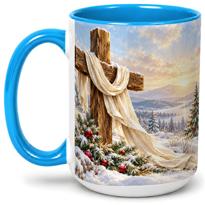 #pl[15oz|Blue] Winter Cross Accent Ceramic Mug, Snowy Mountain Sunrise