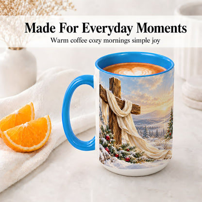#pl[15oz|Blue] Winter Cross Accent Ceramic Mug, Snowy Mountain Sunrise