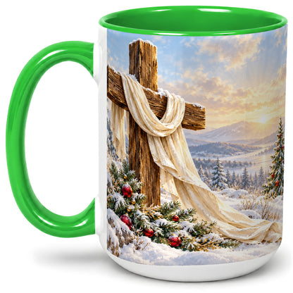 #pl[15oz|Green] Winter Cross Accent Ceramic Mug, Snowy Mountain Sunrise