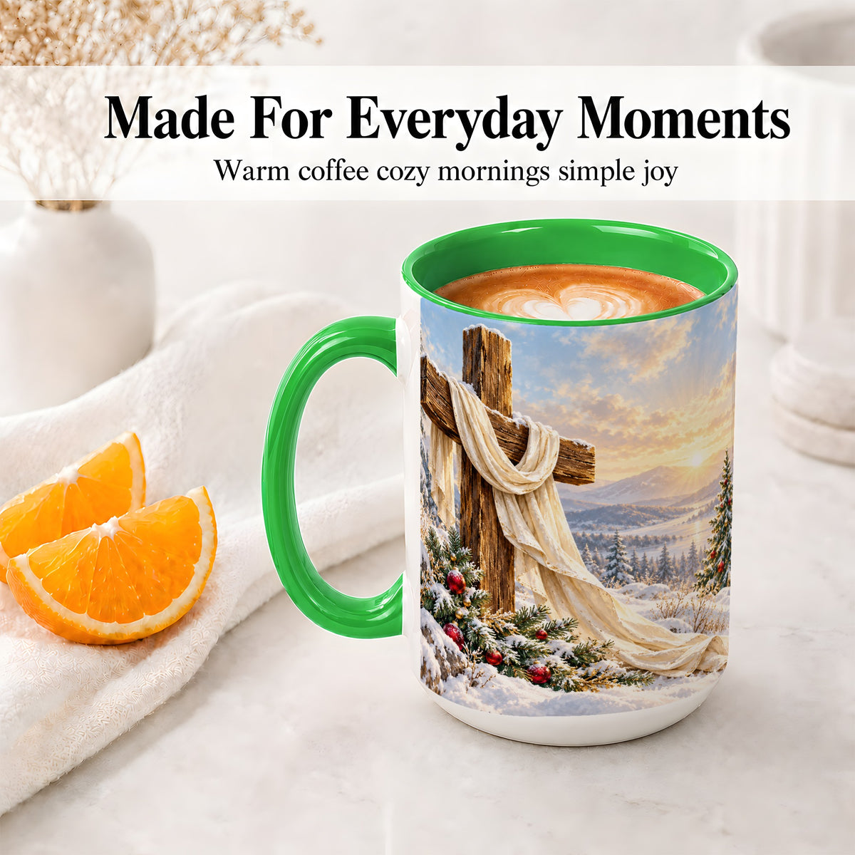 #pl[15oz|Green] Winter Cross Accent Ceramic Mug, Snowy Mountain Sunrise