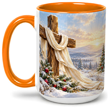 #pl[15oz|Orange] Winter Cross Accent Ceramic Mug, Snowy Mountain Sunrise