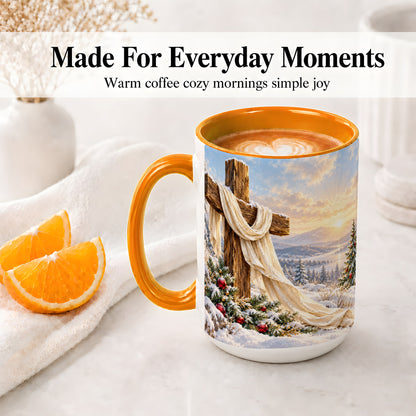 #pl[15oz|Orange] Winter Cross Accent Ceramic Mug, Snowy Mountain Sunrise
