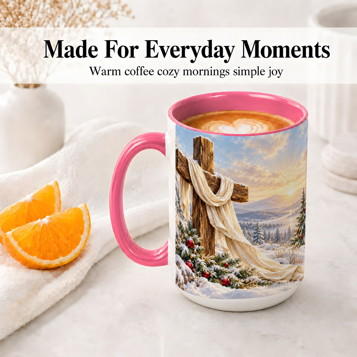 #pl[15oz|Pink] Winter Cross Accent Ceramic Mug, Snowy Mountain Sunrise
