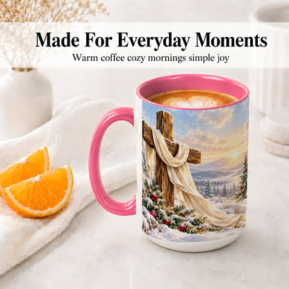 #pl[15oz|Pink] Winter Cross Accent Ceramic Mug, Snowy Mountain Sunrise