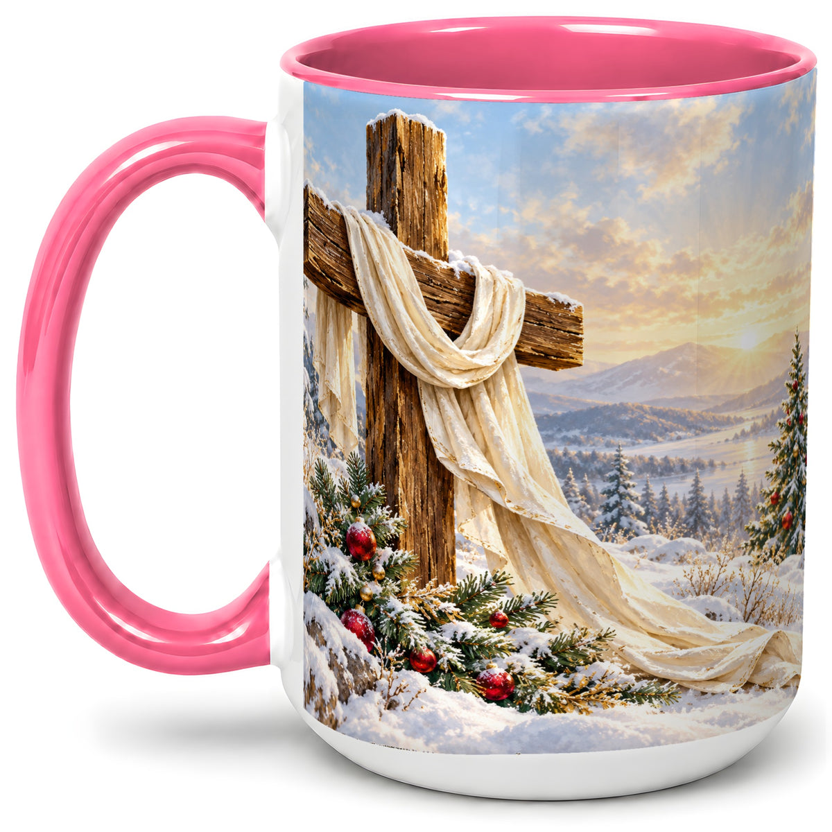 #pl[15oz|Pink] Winter Cross Accent Ceramic Mug, Snowy Mountain Sunrise