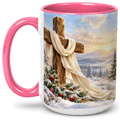 #pl[15oz|Pink] Winter Cross Accent Ceramic Mug, Snowy Mountain Sunrise