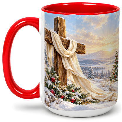 #pl[15oz|Red] Winter Cross Accent Ceramic Mug, Snowy Mountain Sunrise
