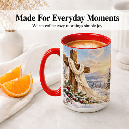 #pl[15oz|Red] Winter Cross Accent Ceramic Mug, Snowy Mountain Sunrise