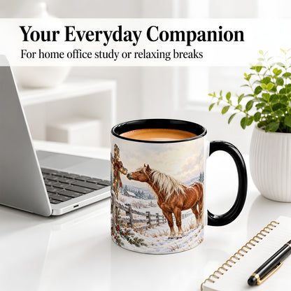 #pl[11oz|Black] Christmas Horse Accent Ceramic Mug, Rustic Cross Winter Scene