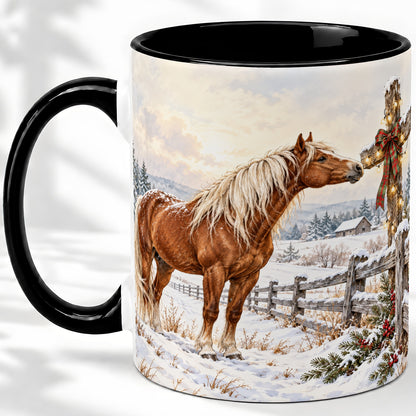 #pl[11oz|Black] Christmas Horse Accent Ceramic Mug, Rustic Cross Winter Scene