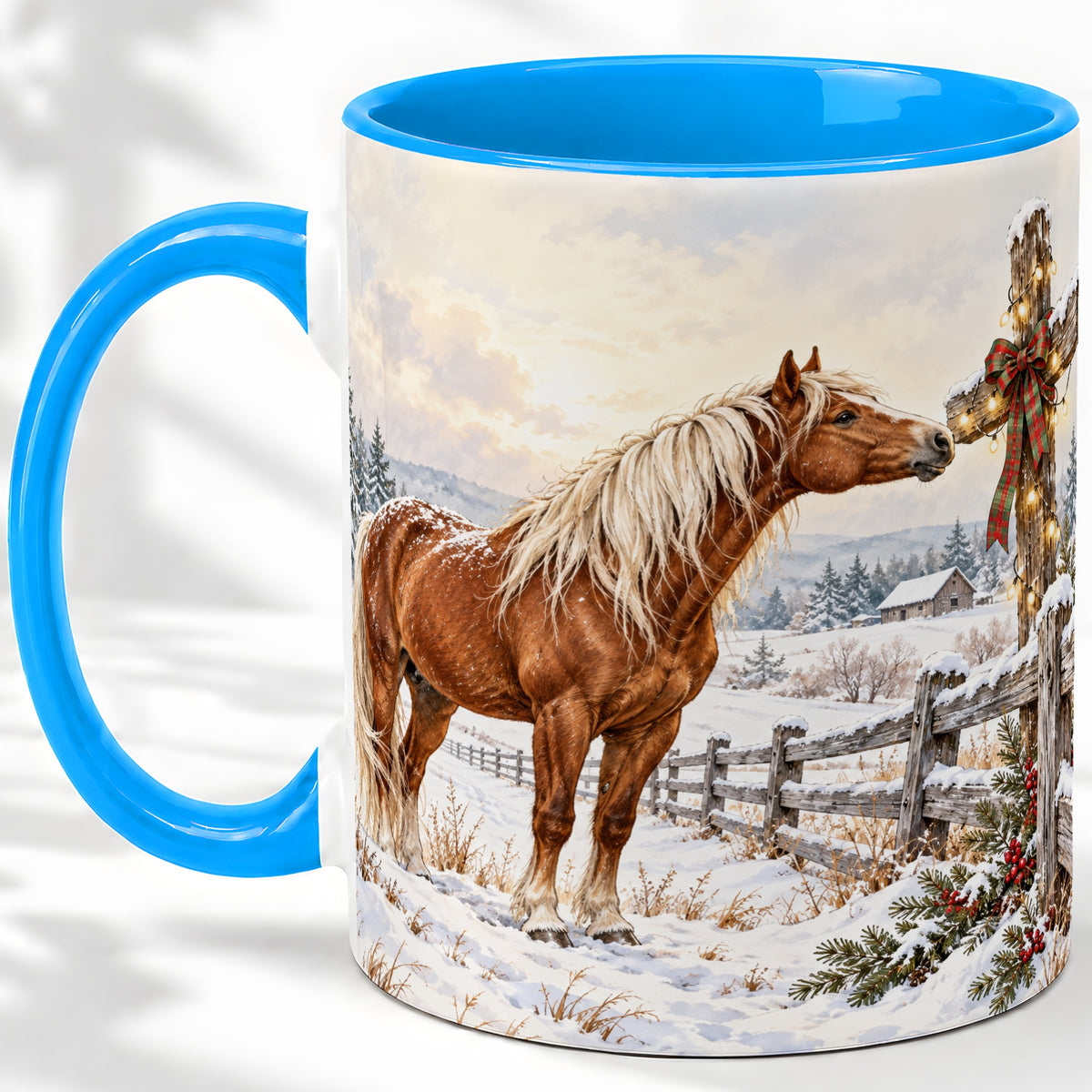 #pl[11oz|Blue] Christmas Horse Accent Ceramic Mug, Rustic Cross Winter Scene