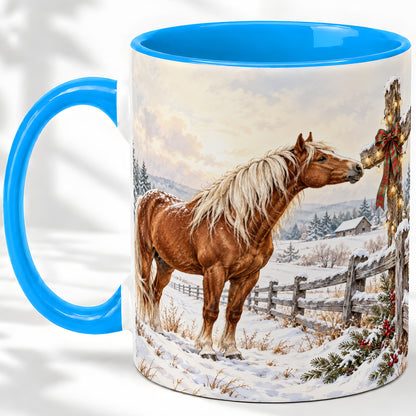 #pl[11oz|Blue] Christmas Horse Accent Ceramic Mug, Rustic Cross Winter Scene