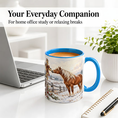 #pl[11oz|Blue] Christmas Horse Accent Ceramic Mug, Rustic Cross Winter Scene