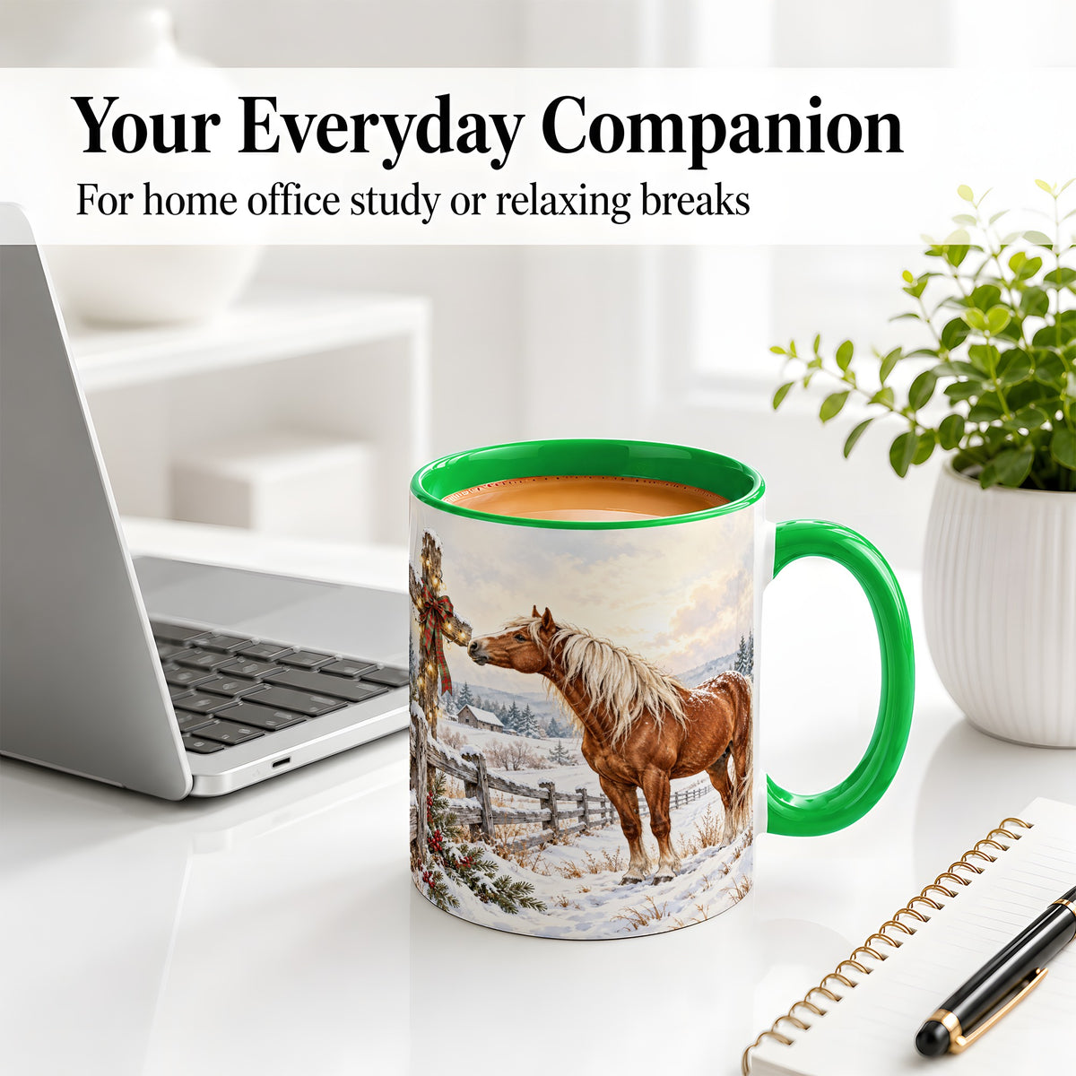 #pl[11oz|Green] Christmas Horse Accent Ceramic Mug, Rustic Cross Winter Scene
