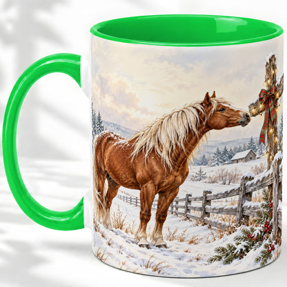 #pl[11oz|Green] Christmas Horse Accent Ceramic Mug, Rustic Cross Winter Scene