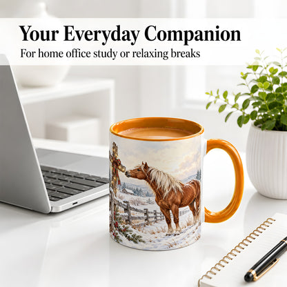 #pl[11oz|Orange] Christmas Horse Accent Ceramic Mug, Rustic Cross Winter Scene