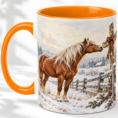 #pl[11oz|Orange] Christmas Horse Accent Ceramic Mug, Rustic Cross Winter Scene