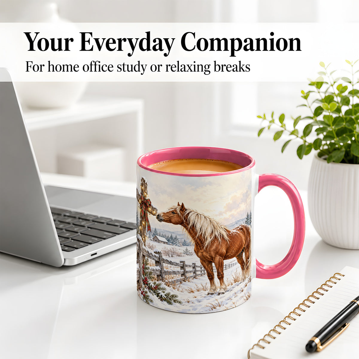 #pl[11oz|Pink] Christmas Horse Accent Ceramic Mug, Rustic Cross Winter Scene