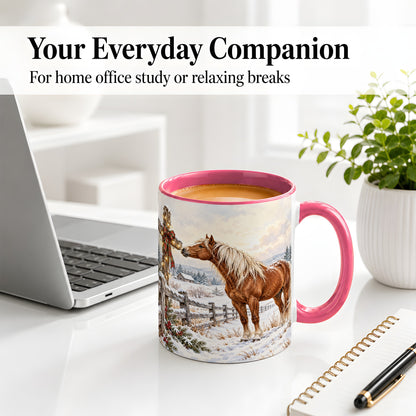 #pl[11oz|Pink] Christmas Horse Accent Ceramic Mug, Rustic Cross Winter Scene
