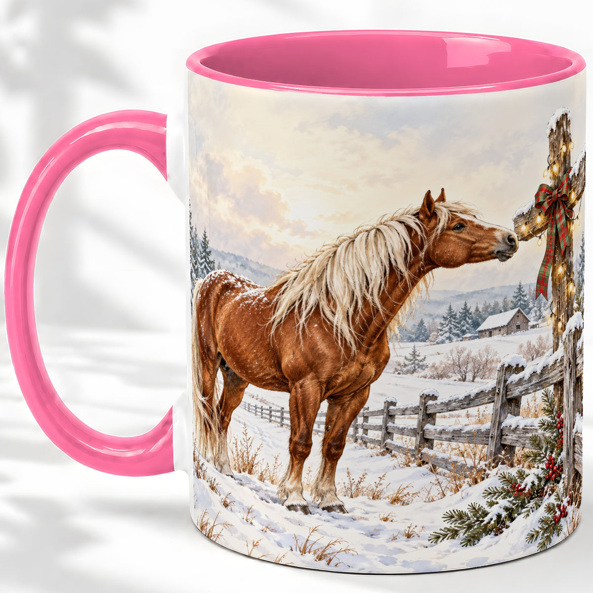 #pl[11oz|Pink] Christmas Horse Accent Ceramic Mug, Rustic Cross Winter Scene