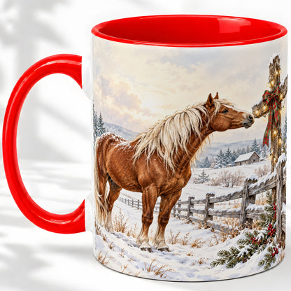 Christmas Horse Accent Ceramic Mug, Rustic Cross Winter Scene