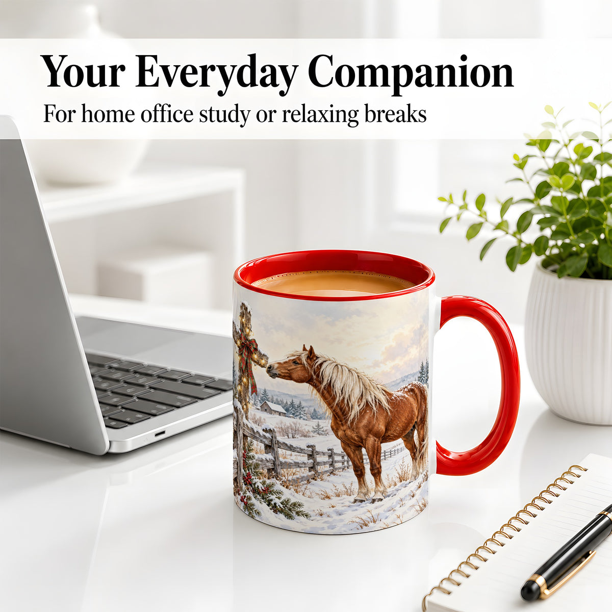 #pl[11oz|Red] Christmas Horse Accent Ceramic Mug, Rustic Cross Winter Scene