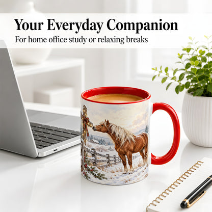 #pl[11oz|Red] Christmas Horse Accent Ceramic Mug, Rustic Cross Winter Scene