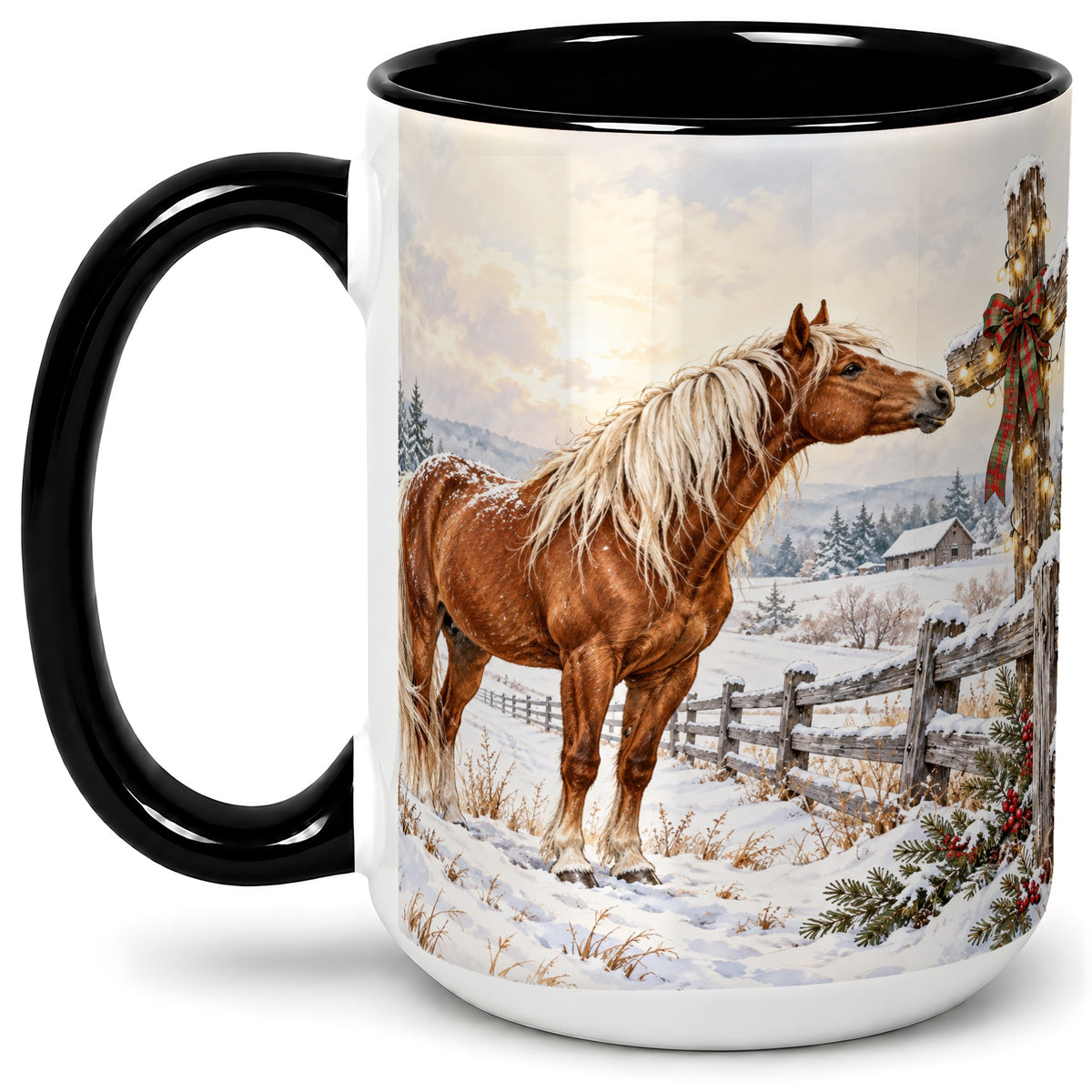 #pl[15oz|Black] Christmas Horse Accent Ceramic Mug, Rustic Cross Winter Scene
