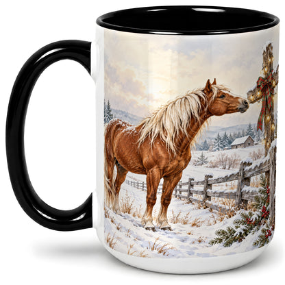 #pl[15oz|Black] Christmas Horse Accent Ceramic Mug, Rustic Cross Winter Scene