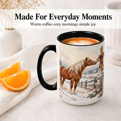 #pl[15oz|Black] Christmas Horse Accent Ceramic Mug, Rustic Cross Winter Scene