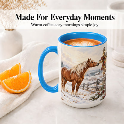 #pl[15oz|Blue] Christmas Horse Accent Ceramic Mug, Rustic Cross Winter Scene