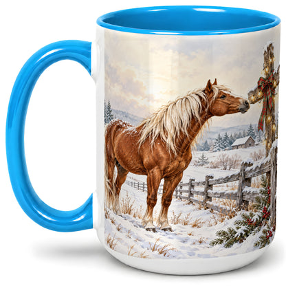 #pl[15oz|Blue] Christmas Horse Accent Ceramic Mug, Rustic Cross Winter Scene