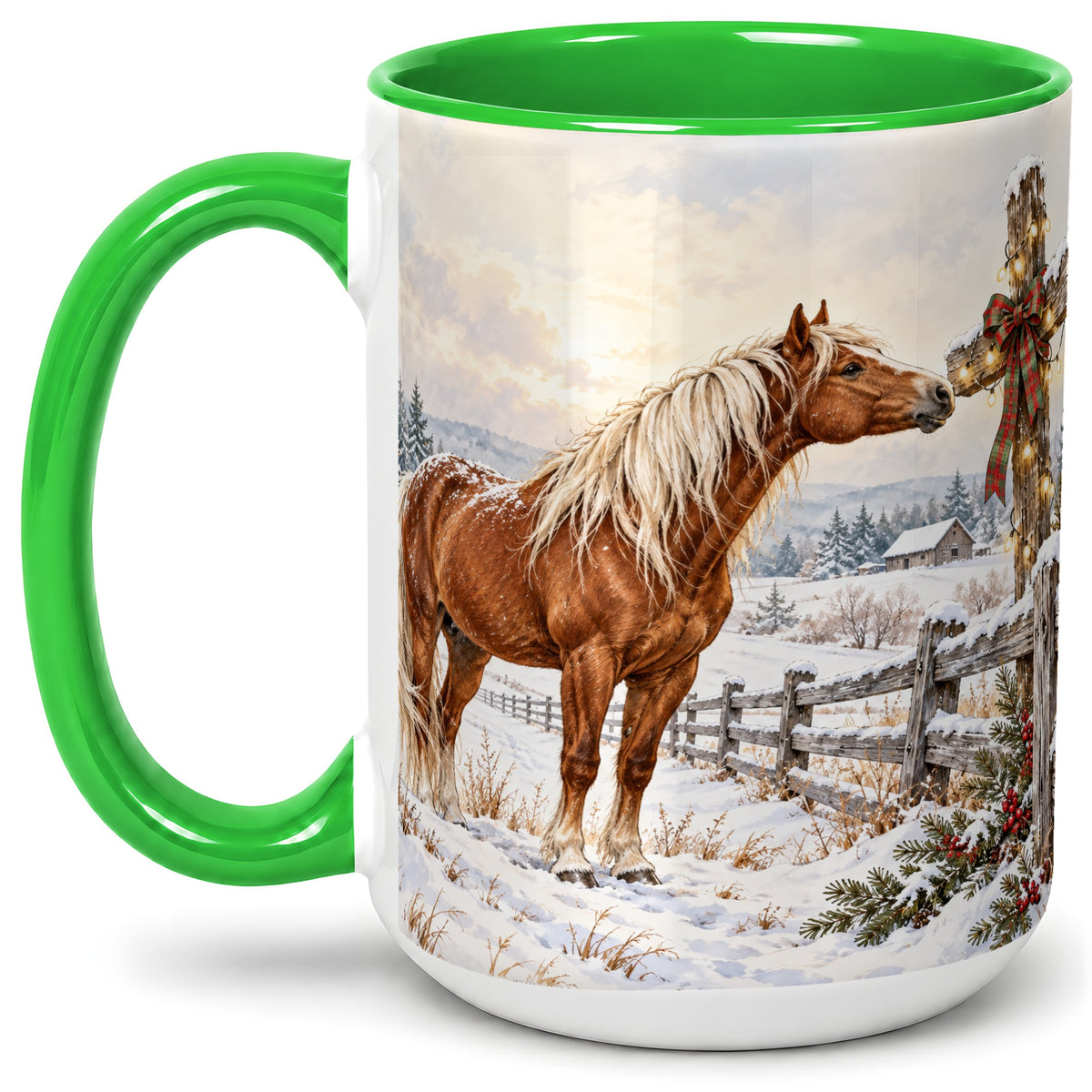 #pl[15oz|Green] Christmas Horse Accent Ceramic Mug, Rustic Cross Winter Scene