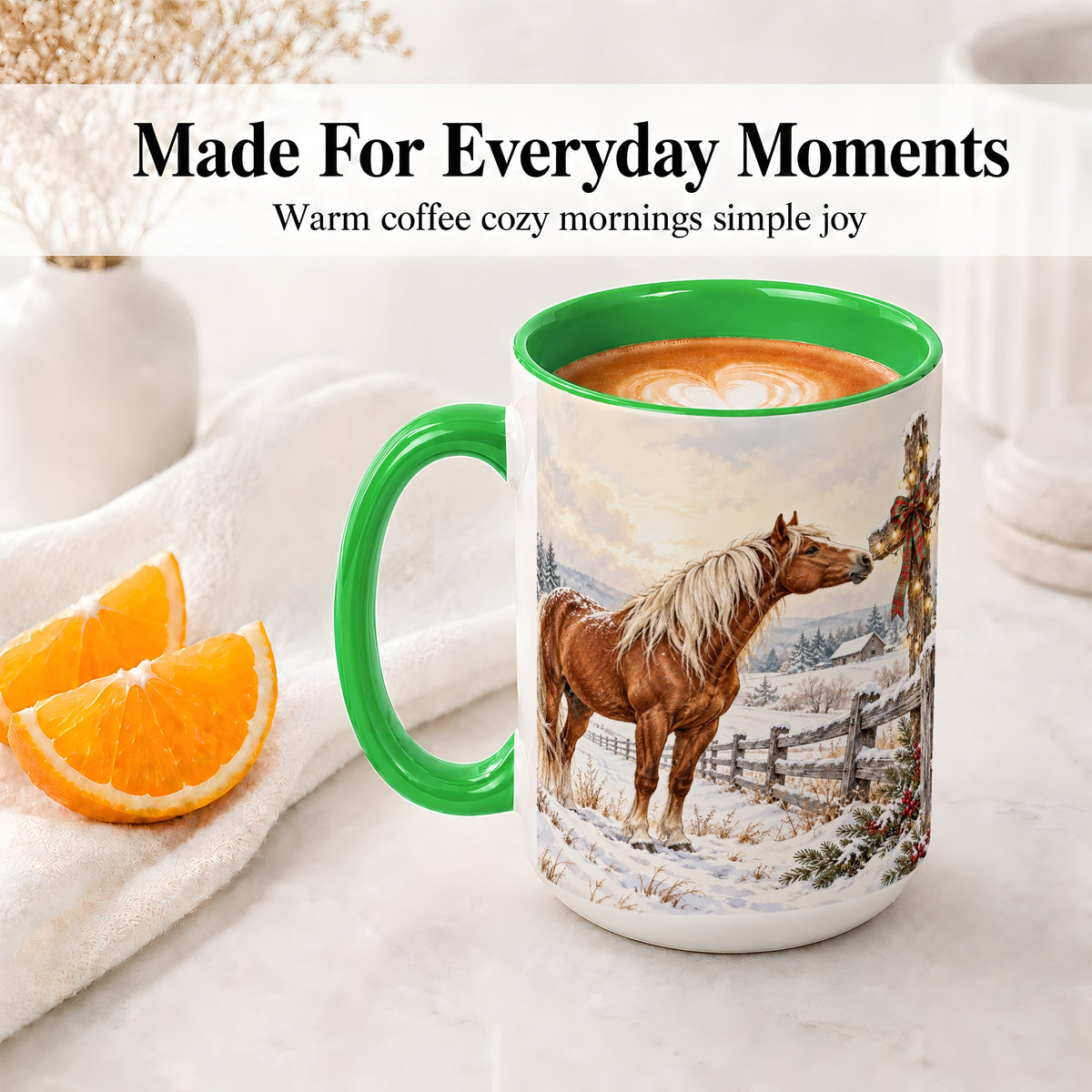 #pl[15oz|Green] Christmas Horse Accent Ceramic Mug, Rustic Cross Winter Scene