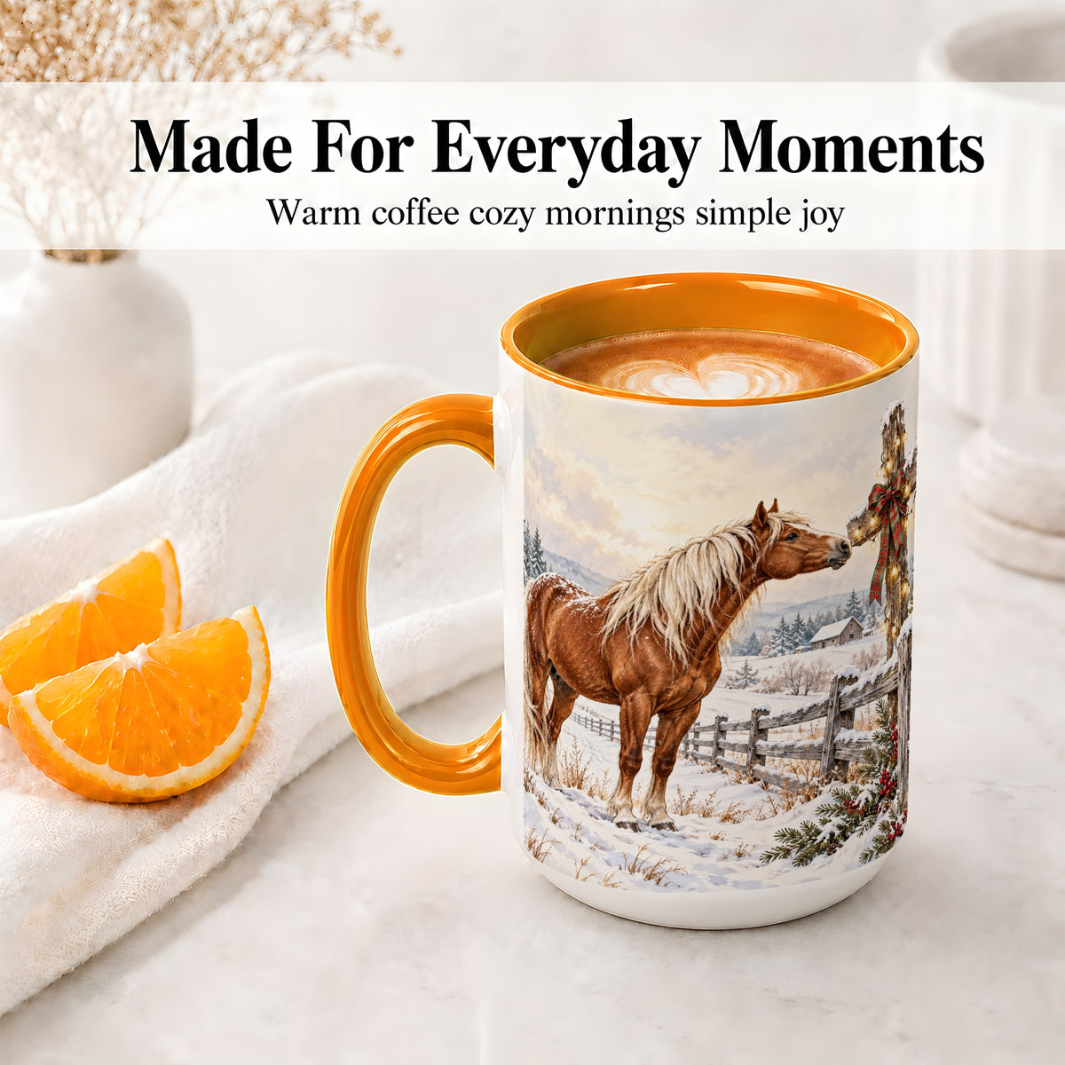 #pl[15oz|Orange] Christmas Horse Accent Ceramic Mug, Rustic Cross Winter Scene
