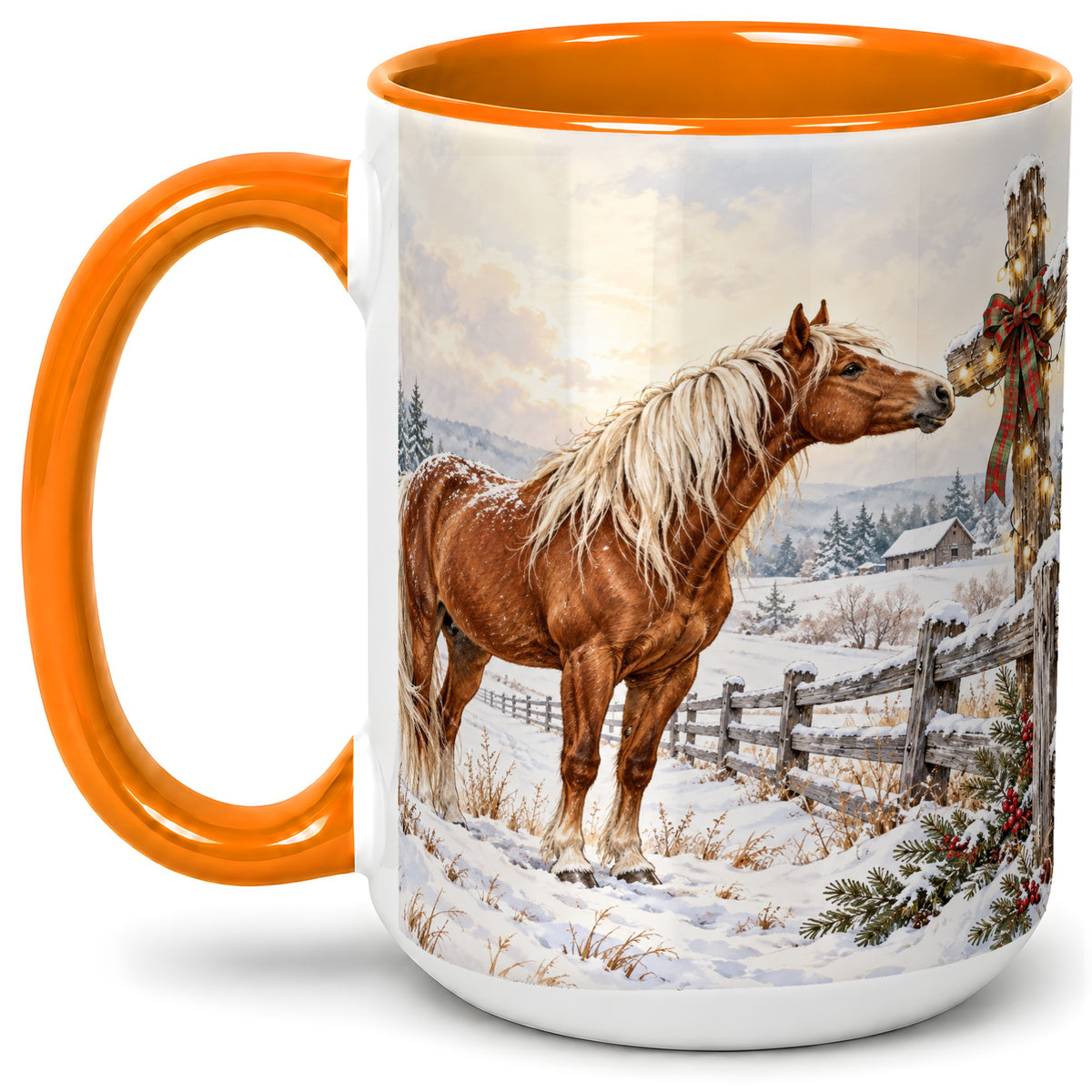#pl[15oz|Orange] Christmas Horse Accent Ceramic Mug, Rustic Cross Winter Scene
